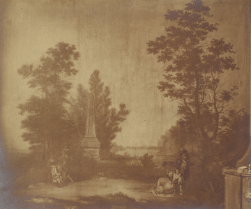 206873 Afbeelding van een geschilderd behang links naast de schoorsteen in één van de vertrekken in het huis Kromme ...